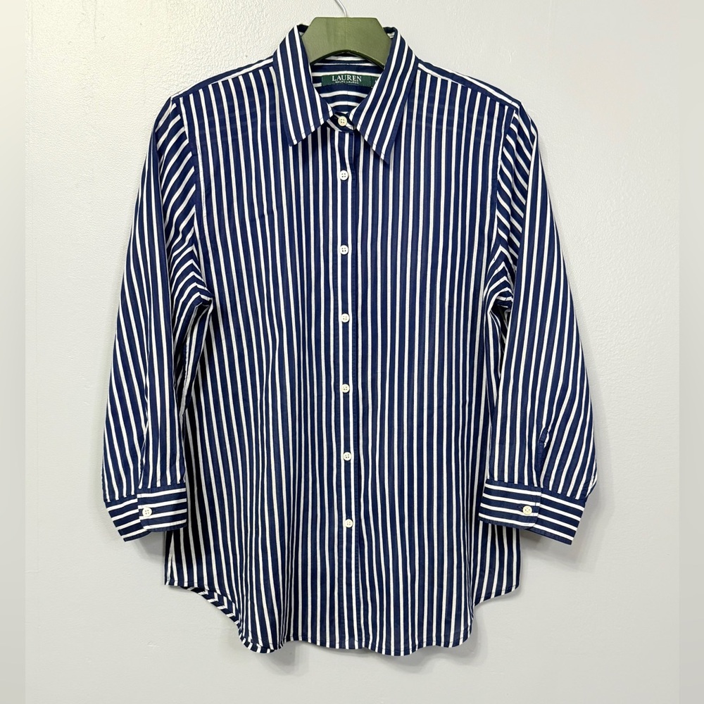 100% Cotton Lauren Ralph Lauren Navy and White Striped Button Down Shirt